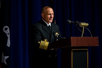 WASHINGTON (Oct. 12, 2022) Chief of Naval Operations Adm. Mike Gilday gives remarks at a cake cutting ceremony for the Navy's 247th birthday celebration at the Pentagon, Oct. 12. The theme for this year’s birthday celebration is "On Watch - 24/7 for 247 Years." (U.S. Navy photo by Mass Communication Specialist 1st Class Michael B Zingaro/released)