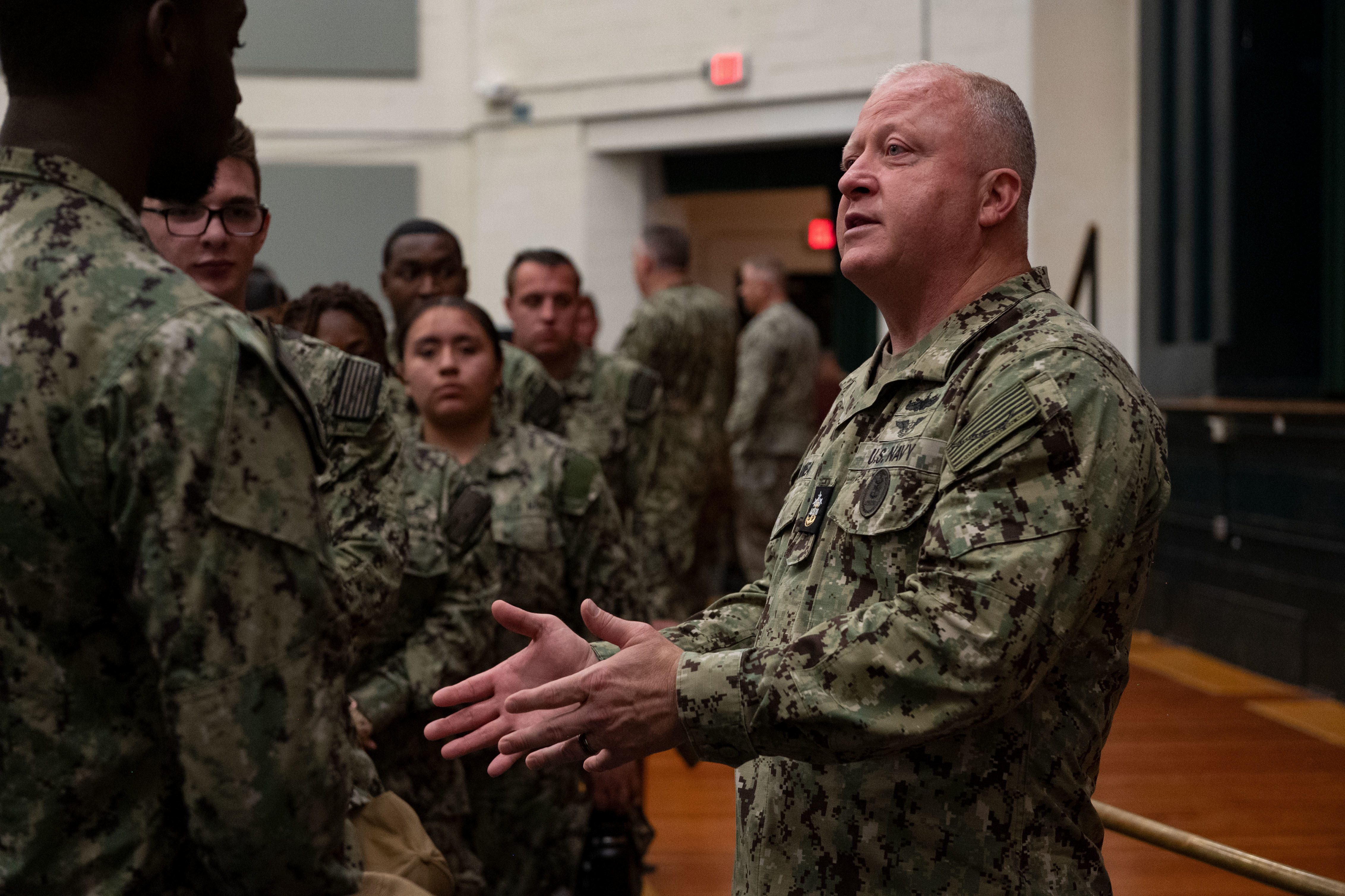 Master Chief Petty Officer of the Navy James Honea speaks with Sailors following an all-hands call at Naval Station Norfolk, Sept. 13, 2022.