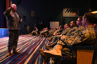 Master Chief Petty Officer of the Navy James Honea speaks with Sailors during an all-hands call at Joint Expeditionary Base Little Creek/Fort Story, Sept. 13, 2022.