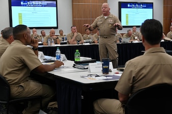 Master Chief Petty Officer of the Navy James Honea speaks on his Mission, Vision and Guiding, and Principals during the 2022 Leadership Mess Symposium.