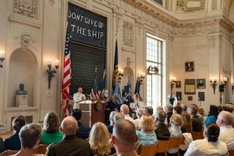 ANNAPOLIS, Md. (Aug. 14, 2023) - Chief of Naval Operations (CNO) Adm. Mike Gilday delivers remarks during a relinquishment of office ceremony at the United States Naval Academy, Aug. 14. In accordance with Title 10 of United States Code 8035, the Vice Chief of Naval Operations, Adm. Lisa Franchetti, will perform the duties of the CNO until a 33rd Chief of Naval Operations is appointed. (U.S. Navy photo by Chief Mass Communication Specialist Amanda R. Gray/Released)