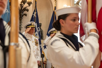 ANNAPOLIS, Md. (Aug. 14, 2023) - Chief of Naval Operations (CNO) Adm. Mike Gilday salutes the colors during a relinquishment of office ceremony at the United States Naval Academy, Aug. 14. In accordance with Title 10 of United States Code 8035, the Vice Chief of Naval Operations, Adm. Lisa Franchetti, will perform the duties of the CNO until a 33rd Chief of Naval Operations is appointed. (U.S. Navy photo by Chief Mass Communication Specialist Amanda R. Gray/Released)