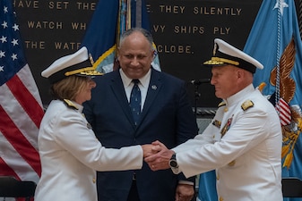 ANNAPOLIS, Md. (Aug. 14, 2023) - Chief of Naval Operations (CNO) Adm. Mike Gilday is relieved by Vice Chief of Naval Operations Adm. Lisa Franchetti during the relinquishment of office ceremony held at the United States Naval Academy, Aug. 14. In accordance with Title 10 of United States Code 8035, Vice Chief of Naval Operations, Adm. Lisa Franchetti, will perform the duties of the CNO until a 33rd Chief of Naval Operations is appointed. (U.S. Navy photo by Mass Communication Specialist 1st Class Michael Zingaro/Released)