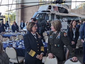 SIMI VALLEY, Calif. (Dec. 2, 2023) – Chief of Naval Operations Adm. Lisa Franchetti meets with Gen. Laura Richardson, commander, U.S. Southern Command, at the Reagan National Defense Forum (RNDF), in Simi Valley, Calif., Dec. 2. The RNDF brings together political leaders and defense community stakeholders to review and assess policies that strengthen America’s national defense in the context of the global threat environment. (U.S. Navy photo by Maj. Ryan Ratcliffe)