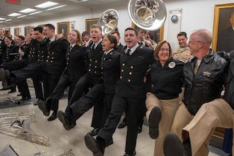 WASHINGTON (Dec. 4, 2023) - Chief of Naval Operations Adm. Lisa Franchetti meets with U.S. Naval Academy midshipmen during an Army-Navy Game pep rally at the Pentagon, Dec. 9. Navy and Army will meet Dec. 9 at Gillette Stadium in Foxborough, Mass. for the 124th playing of America's Game, the Army-Navy Game. (U.S. Navy photo by Chief Mass Communication Specialist Amanda R. Gray)