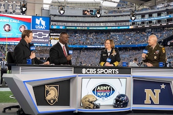 FOXBOROUGH, Mass. (Dec. 9, 2023) – Chief of Naval Operations Adm. Lisa Franchetti and Chief of Staff of the Army Gen. Randy George conduct an interview with CBS Sport prior to the 124th Army Navy Game at Gillette Stadium in Foxborough, Mass., Dec. 9. One of the oldest and most storied rivalries in collegiate athletics, Navy leads Army in the series with a 62-55-7 record. (U.S. Navy photo by Chief Mass Communication Specialist Amanda R. Gray)