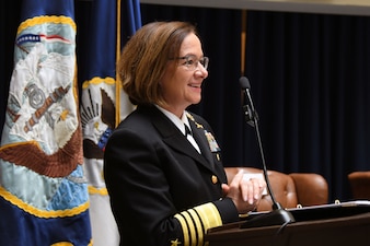 Chief of Naval Operations Adm. Lisa Franchetti, provides remarks during a change of command ceremony at Commander, Navy Installations Command (CNIC) headquarters on Washington, D.C.’s historic Navy Yard.