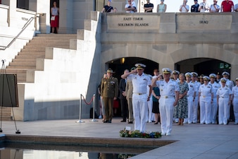 CANBERRA, Australia (Feb. 20, 2023) - Chief of Naval Operations Adm. Mike Gilday and Chief of the Royal Australian Navy Vice Adm. Mark Hammond participate in the Last Post Ceremony at the War Memorial in Canberra, Australia, Feb. 20. Gilday traveled to Australia to meet with government officials and military leaders to discuss the importance of maritime security in the Indo-Pacific, interoperability, and collective defense. (U.S. Navy photo by Mass Communication Specialist MC1 Michael B. Zingaro/released)