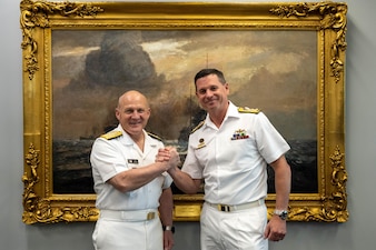 CANBERRA, Australia (Feb. 20, 2023) - Chief of Naval Operations (CNO) Adm. Mike Gilday meets with the Chief of the Royal Australian Navy Vice Adm. Mark Hammond in Canberra, Australia, Feb. 20. Gilday traveled to Australia to meet with government officials and military leaders to discuss the importance of maritime security in the Indo-Pacific, interoperability, and collective defense. (U.S. Navy photo by Mass Communication Specialist MC1 Michael B. Zingaro/released