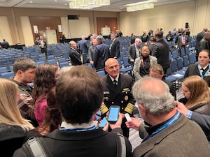 WASHINGTON (January 10, 2023) -- Chief of Naval Operations Adm. Mike Gilday speaks with media during the Surface Navy Association's 35th Annual National Symposium at the Hyatt Regency Crystal City in Washington D.C., Jan. 10. The symposium is a three-day conference that provides an opportunity for discussions on a broad range of professional and career issues for the surface Navy. (U.S. Navy photo by Chief Mass Communication Specialist Amanda Gray/released)