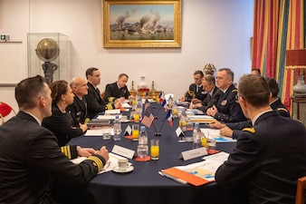 PARIS (Jan. 18, 2023) - Chief of Naval Operations Adm. Mike Gilday, Chief of the French Navy Adm. Pierre Vandier, and Royal Navy Adm. Sir Ben Key, First Sea Lord and Chief of the Naval Staff of the United Kingdom,discuss the prospect of 'the return of naval combat' during the inaugural Paris Naval Conference, Jan. 18. Gilday discussed challenges, key priorities, and perspectives of western navies with Vandier and Key during their panel. (U.S. Navy photo by Lt. Michael Valania/released)