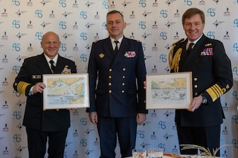 PARIS (Jan. 18, 2023) - Chief of Naval Operations Adm. Mike Gilday, Chief of the French Navy Adm. Pierre Vandier, and Royal Navy Adm. Sir Ben Key, First Sea Lord and Chief of the Naval Staff of the United Kingdom, pose for a photo during the inaugural Paris Naval Conference, Jan. 18. Gilday discussed challenges, key priorities, and perspectives of western navies with Vandier and Key during their panel. (U.S. Navy photo by Lt. Michael Valania/released)