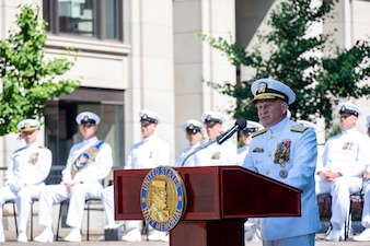 WASHINGTON (June 5, 2023) - Chief of Naval Operations Adm. Mike Gilday gives the keynote address during the 81st anniversary of the Battle of Midway commemoration ceremony at the U.S. Navy Memorial in Washington, D.C., June 5. A turning point in the War in the Pacific, the Battle of Midway was a major American victory against the Imperial Japanese navy during World War II. (U.S. Navy photo by Chief Mass Communication Specialist Amanda R. Gray/Released)