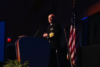Chief of Naval Operations Adm. Mike Gilday delivers keynote remarks during the annual Hampton Roads Navy League dinner.