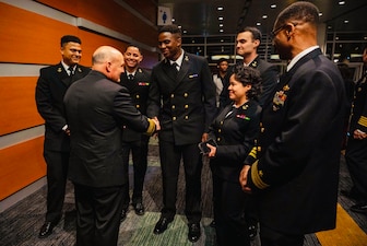 NORFOLK, Va. (March 2, 2023) Chief of Naval Operations (CNO) Adm. Mike Gilday meets with Sailors during the annual Hampton Roads Navy League dinner, March 2.  During his visit to Norfolk, CNO visited with shipyard leadership, toured units undergoing maintenance and engaged with Sailors. (U.S. Navy photo by Chief Mass Communication Specialist Amanda R. Gray)