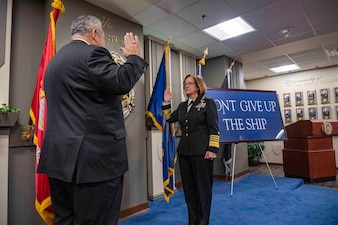 WASHINGTON (Nov. 2, 2023) - Secretary of the Navy Carlos Del Toro swears in Adm. Lisa Franchetti as the 33rd chief of naval operations in the Pentagon, Nov. 2. Franchetti becomes the first woman service chief and member of the Joint Chiefs of Staff.(Chief Mass Communication Specialist Amanda R. Gray/released)