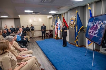 WASHINGTON (Nov. 2, 2023) - Adm. Lisa Franchetti delivers remarks after being sworn in as the 33rd chief of naval operations in the Pentagon, Nov. 2. Franchetti becomes the first woman service chief and member of the Joint Chiefs of Staff.(Chief Mass Communication Specialist Amanda R. Gray/released)