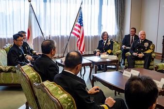 TOKYO (Nov. 22, 2023) – Chief of Naval Operations Adm. Lisa Franchetti and Master Chief Petty Officer of the Navy James Honea meet with Adm. Ryo Sakai, Chief of Maritime Staff, Japanese Self-Defense Force, during their visit to the Ministry of Defense in Tokyo, Nov. 22. Franchetti and Honea visited with leaders and Sailors in 7th Fleet to highlight Franchetti's priority of strengthening the Navy team. (U.S. Navy photo by Chief Mass Communication Specialist Amanda R. Gray)