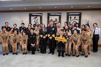 TOKYO (Nov. 22, 2023) – Chief of Naval Operations Adm. Lisa Franchetti meets with Adm. Ryo Sakai, Chief of Maritime Staff, Japanese Self-Defense Force (JMSDF), and women serving in the JMSDF during her visit to the Ministry of Defense in Tokyo, Nov. 22. Franchetti and Master Chief Petty Officer of the Navy James Honea visited with leaders and Sailors in 7th Fleet to highlight Franchetti's priority of strengthening the Navy team. (U.S. Navy photo by Chief Mass Communication Specialist Amanda R. Gray)
