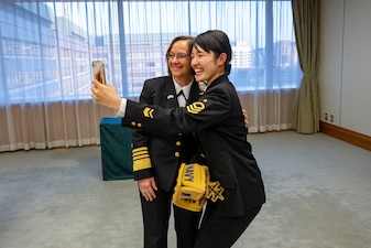 TOKYO (Nov. 22, 2023) – Chief of Naval Operations Adm. Lisa Franchetti meets with women serving in the Japanese Self-Defense Force during her visit to the Ministry of Defense in Tokyo, Nov. 22. Franchetti and Master Chief Petty Officer of the Navy James Honea visited with leaders and Sailors in 7th Fleet to highlight Franchetti's priority of strengthening the Navy team. (U.S. Navy photo by Chief Mass Communication Specialist Amanda R. Gray)