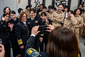 TOKYO (Nov. 22, 2023) – Chief of Naval Operations Adm. Lisa Franchetti meets with women serving in the Japanese Self-Defense Force during her visit to the Ministry of Defense in Tokyo, Nov. 22. Franchetti and Master Chief Petty Officer of the Navy James Honea visited with leaders and Sailors in 7th Fleet to highlight Franchetti's priority of strengthening the Navy team. (U.S. Navy photo by Chief Mass Communication Specialist Amanda R. Gray)