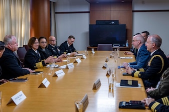 TOKYO (Nov. 22, 2023) – Chief of Naval Operations Adm. Lisa Franchetti and Master Chief Petty Officer of the Navy James Honea meet with the U.S. charge d'affaires Mr. Ray Greene at the U.S. Embassy in Tokyo, Nov. 22. Franchetti and Honea visited with leaders and Sailors in 7th Fleet to highlight Franchetti's priority of strengthening the Navy team. (U.S. Navy photo by Chief Mass Communication Specialist Amanda R. Gray)