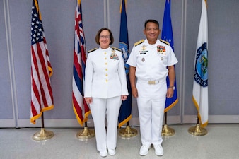 PEARL HARBOR, Hawaii (April 4, 2024) - Chief of Naval Operations Adm. Lisa Franchetti met with Flag Officer-in-Command, Philippine Navy Vice Adm. Toribio Adaci, April 4, following the U.S. Pacific Fleet Change of Command, underscoring the Navy’s commitment to Allies and partners in the Indo-Pacific region. (U.S. Navy photo by Chief Mass Communication Specialist Amanda Gray)