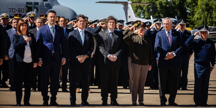 BUENOS AIRES, Argentina (April 3, 2024) – U.S. Army Gen. Laura Richardson, the commander of U.S. Southern Command (SOUTHCOM), joins Argentine President Javier Milei and senior Argentine defense officials for a ceremony highlighting the U.S.-provided donation of a C-130H Hercules aircraft to the country’s air force. Richardson visited Argentina April 2-6 to foster dialogue and collaboration with the country's new government and defense leaders and underscore the long-standing commitment to enhancing the strategic partnership between both countries. ((Photo courtesy U.S. Embassy Argentina)