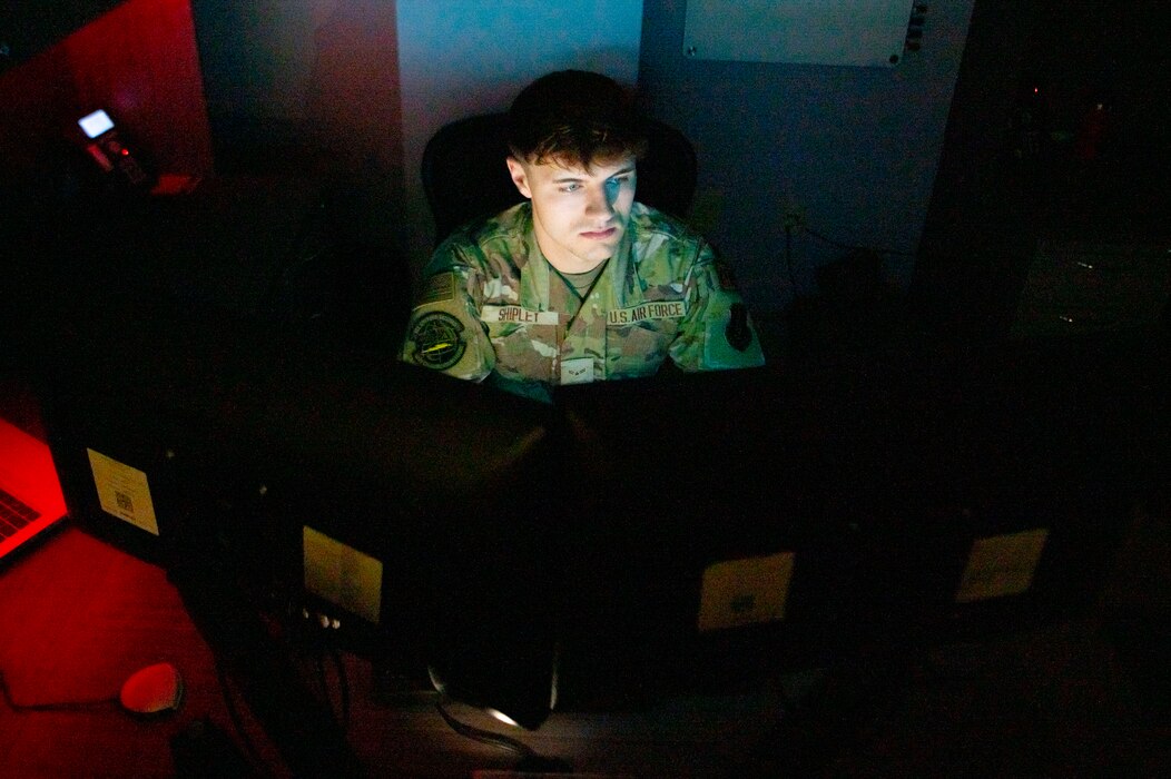 Airman Tyler Shipley, a cyber systems operations specialist with the 121st Air Refueling Wing, works on a computer at Rickenbacker Air National Guard Base, Columbus, Ohio.