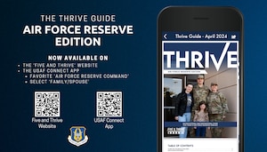 Graphic with QR codes that will direct to the Air Force Reserve Edition of the Thrive Guide on either the Thrive and Five website or the USAF Connect App.