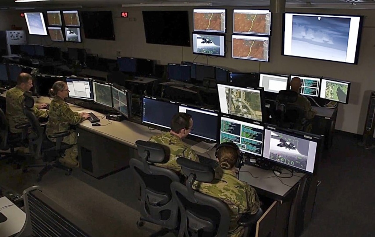 U.S. Air Force Airmen of the Intelligence, Surveillance and Reconnaissance Group perform Full Motion Video mission in the temporary sensitive compartmented information facility at the Ebbing Air National Guard Base in Fort Smith, Arkansas, Feb. 9, 2024.