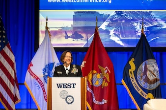 SAN DIEGO (Feb. 13, 2024) – Chief of Naval Operations Adm. Lisa Franchetti delivers the keynote address at WEST 2024, Feb. 13. Co-sponsored by AFCEA International and the U.S. Naval Institute, WEST 2024 is the premier naval conference and exposition on the West Coast, bringing military and industry leaders together. (U.S. Navy photo by Chief Mass Communication Specialist Michael B. Zingaro)
