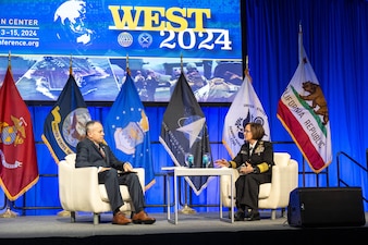 SAN DIEGO (Feb. 13, 2024) – Chief of Naval Operations Adm. Lisa Franchetti responds to audience questions following her keynote address at WEST 2024, Feb. 13. Co-sponsored by AFCEA International and the U.S. Naval Institute, WEST 2024 is the premier naval conference and exposition on the West Coast, bringing military and industry leaders together. (U.S. Navy photo by Chief Mass Communication Specialist Michael B. Zingaro)