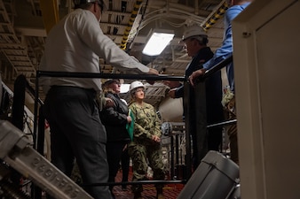SAN DIEGO (Feb. 13 2024) – Chief of Naval Operations Adm. Lisa Franchetti tours the fleet replenishment oiler USNS Earl Warren (T-AO 207) during a visit to San Diego, Feb 13. Franchetti traveled to San Diego for West 2024, and to meet with Sailors, tour shipyards and installations, and communicate her priorities of warfighting, warfighters, and the foundation that supports them with the fleet. (U.S. Navy photo by Chief Mass Communication Specialist Michael B. Zingaro)