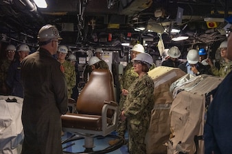 SAN DIEGO (Feb. 13 2024) – Chief of Naval Operations Adm. Lisa Franchetti tours the amphibious transport dock ship USS Anchorage (LPD 23) during a visit to San Diego, Feb 13. Franchetti traveled to San Diego for West 2024, and to meet with Sailors, tour shipyards and installations, and communicate her priorities of warfighting, warfighters, and the foundation that supports them with the fleet. (U.S. Navy photo by Chief Mass Communication Specialist Michael B. Zingaro)