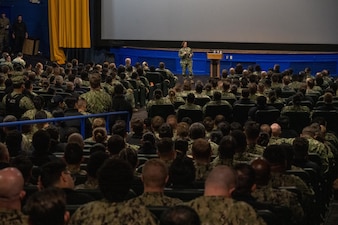 SAN DIEGO (Feb. 14, 2024) - Chief of Naval Operations Adm. Lisa Franchetti delivers remarks during an all-hands call at Naval Base San Diego, Feb. 14. Franchetti traveled to San Diego for WEST 2024, and to meet with Sailors, tour shipyards and installations, and communicate her priorities of warfighting, warfighters, and the foundation that supports them with the fleet. (U.S. Navy photo by Chief Mass Communication Specialist Michael B. Zingaro)