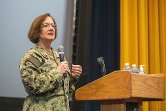 SAN DIEGO (Feb. 14, 2024) - Chief of Naval Operations Adm. Lisa Franchetti delivers remarks during an all-hands call at Naval Base San Diego, Feb. 14. Franchetti traveled to San Diego for WEST 2024, and to meet with Sailors, tour shipyards and installations, and communicate her priorities of warfighting, warfighters, and the foundation that supports them with the fleet. (U.S. Navy photo by Chief Mass Communication Specialist Michael B. Zingaro)
