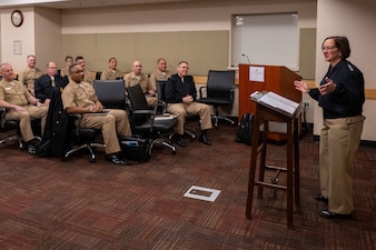 WASHINGTON (Feb. 21, 2024) - Chief of Naval Operations Adm. Lisa Franchetti delivers remarks during the Professional Naval Chaplaincy Executive Board Off-Site, Feb. 21. CNO discussed the importance of spiritual readiness across our Navy, Marine Corps, and Coast Guard team and the vital role of Chaplains in America’s Warfighting Navy. (U.S. Navy photo by Chief Mass Communication Specialist Michael B. Zingaro/released)