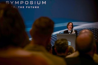 WASHINGTON (January 9, 2024) -- Chief of Naval Operations Adm. Lisa Franchetti gives the keynote address at the Surface Navy Association's 36th Annual National Symposium at the Hyatt Regency Crystal City in Washington D.C., Jan. 9. The symposium is a three-day conference that provides an opportunity for discussions on a broad range of professional and career issues for the surface Navy. (U.S. Navy photo by Chief Mass Communication Specialist Amanda Gray/released)