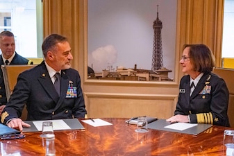 PARIS (Jan. 24, 2024) - Chief of Naval Operations Adm. Lisa Franchetti meets with Adm. Enrico Credendino, Chief of the Italian Navy, for a bilateral engagement prior to the Paris Naval Conference, Jan. 24. During their discussion, they focused on future integration opportunities for the U.S. and Italian navies, and ways they will design and drive interoperability to deliver combined lethality. (U.S. Navy photo by Chief Mass Communication Specialist Amanda R. Gray/released)