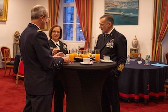 PARIS (Jan. 25, 2024) - Adm. Enrico Credendino, Chief of the Italian Navy, Chief of Naval Operations Adm. Lisa Franchetti and Chief of the French Navy Adm. Nicolas Vaujour, met at the L'École militaire prior to the Paris Naval Conference, Jan. 25. The conference, jointly hosted by the French Navy and the French Institute of International Relations, was themed “The Evolving Role of the Carrier Strike Group,” and featured Franchetti, Vaujour, Credendino, Royal Navy Adm. Sir Ben Key, First Sea Lord and Chief of the Naval Staff of the United Kingdom, Chief of the Italian Navy, and Vice-Admiral Rajesh Pendharkar, Flag Officer Commanding-in-Chief Eastern Naval Command, Indian Navy. (U.S. Navy photo by Chief Mass Communication Specialist Amanda R. Gray/released)