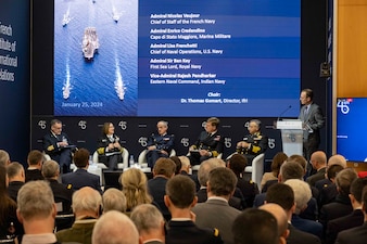 PARIS (Jan. 25, 2024) - Adm. Enrico Credendino, Chief of the Italian Navy; Chief of Naval Operations Adm. Lisa Franchetti; Chief of the French Navy Adm. Nicolas Vaujour; Royal Navy First Sea Lord and Chief of the Naval Staff of the United Kingdom Adm. Sir Ben Key, and Vice-Admiral Rajesh Pendharkar, Flag Officer Commanding-in-Chief Eastern Naval Command, Indian Navy, discuss “Future Challenges and Perspectives for Navies” during the Paris Naval Conference, Jan. 25. During the panel, Franchetti emphasized the value of planning, exercising and operating together to enhance interoperability between the navies. (U.S. Navy photo by Chief Mass Communication Specialist Amanda R. Gray/released)