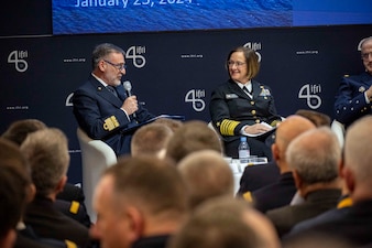 PARIS (Jan. 25, 2024) - Adm. Enrico Credendino, Chief of the Italian Navy; Chief of Naval Operations Adm. Lisa Franchetti; Chief of the French Navy Adm. Nicolas Vaujour; Royal Navy First Sea Lord and Chief of the Naval Staff of the United Kingdom Adm. Sir Ben Key, and Vice-Admiral Rajesh Pendharkar, Flag Officer Commanding-in-Chief Eastern Naval Command, Indian Navy, discuss “Future Challenges and Perspectives for Navies” during the Paris Naval Conference, Jan. 25. During the panel, Franchetti emphasized the value of planning, exercising and operating together to enhance interoperability between the navies. (U.S. Navy photo by Chief Mass Communication Specialist Amanda R. Gray/released)
