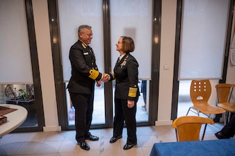 PARIS (Jan. 25, 2024) - Chief of Naval Operations Adm. Lisa Franchetti meets with Vice-Admiral Rajesh Pendharkar, Flag Officer Commanding-in-Chief Eastern Naval Command, Indian Navy, during the Paris Naval Conference, Jan. 25. During the engagement, they discussed opportunities to further strengthen interoperability and logistics cooperation through combined maritime operations. (U.S. Navy photo by Chief Mass Communication Specialist Amanda R. Gray/released)
