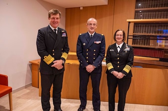 PARIS (Jan. 25, 2024) - Chief of Naval Operations Adm. Lisa Franchetti; Chief of the French Navy Adm. Nicolas Vaujour, and Royal Navy First Sea Lord and Chief of the Naval Staff of the United Kingdom Adm. Sir Ben Key, hold a trilateral engagement during the Paris Naval Conference, Jan. 25. During the discussion, the leaders discussed maritime security, deterrence, interoperability, and technological innovation. (U.S. Navy photo by Chief Mass Communication Specialist Amanda R. Gray/released)