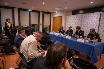PARIS (Jan. 25, 2024) - Adm. Enrico Credendino, Chief of the Italian Navy; Chief of Naval Operations Adm. Lisa Franchetti; Chief of the French Navy Adm. Nicolas Vaujour; Royal Navy First Sea Lord and Chief of the Naval Staff of the United Kingdom Adm. Sir Ben Key, and Vice-Admiral Rajesh Pendharkar, Flag Officer Commanding-in-Chief Eastern Naval Command, Indian Navy, participate in a press conference during the Paris Naval Conference, Jan. 25. The conference, jointly hosted by the French Navy and the French Institute of International Relations, was themed, “The Evolving Role of the Carrier Strike Group.” (U.S. Navy photo by Chief Mass Communication Specialist Amanda R. Gray/released)