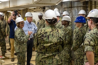 PASCAGOULA, Miss. (Mar. 4, 2024) - Chief of Naval Operations Adm. Lisa Franchetti addresses Sailors assigned to the America-class amphibious assault ship PCU Bougainville (LHA 8) during a tour of the ship at Ingalls Shipbuilding in Pascagoula, Miss., Mar. 4. Franchetti was able to interact with U.S. Navy Sailors and civilians, industry leadership, and members of Congress during the Gulf Coast visit. (U.S. Navy photo by Chief Mass Communication Specialist Michael B. Zingaro)