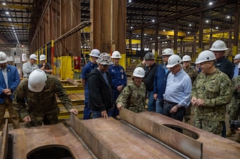 PASCAGOULA, Miss. (Mar. 4, 2024) - Chief of Naval Operations Adm. Lisa Franchetti, Sen. Roger Wicker, ranking member of the Senate Armed Services Committee, and Assistant Commandant of the Marine Corps Gen. Christopher Mahoney tour the production site at Bollinger Mississippi Shipbuilding in Pascagoula, Miss., Mar. 4. Franchetti was able to interact with U.S. Navy Sailors and civilians, industry leadership, and members of Congress during the Gulf Coast visit. (U.S. Navy photo by Chief Mass Communication Specialist Michael B. Zingaro)