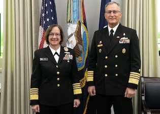 WASHINGTON (March 5, 2024) - Chief of Naval Operations Adm. Lisa Franchetti hosted Adm. Luis José Polar Figari, Commander in Chief of the Peruvian Navy, for a working lunch at the Pentagon, March 5. During the lunch, the two leaders discussed maritime security cooperation, interoperability, and readiness. (U.S. Navy photo by Mass Communication Specialist 1st Class William Spears)
