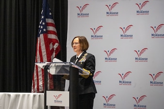 WASHINGTON (March 7, 2024) - Chief of Naval Operations Adm. Lisa Franchetti delivers remarks during the McAleese and Associate’s 15th Annual Defense Programs Conference in Washington, D.C., March 7. Franchetti spoke about America’s Warfighting Navy and how we need to put more ready players on the field. (U.S. Navy photo by Chief Mass Communication Specialist Michael B. Zingaro)
